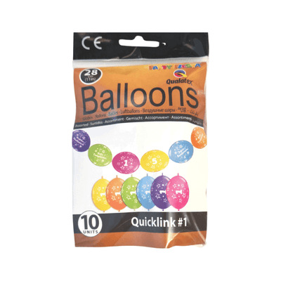 Wholesale 10 Multicoloured Number 1 Quicklink Balloons - (Case of 12)