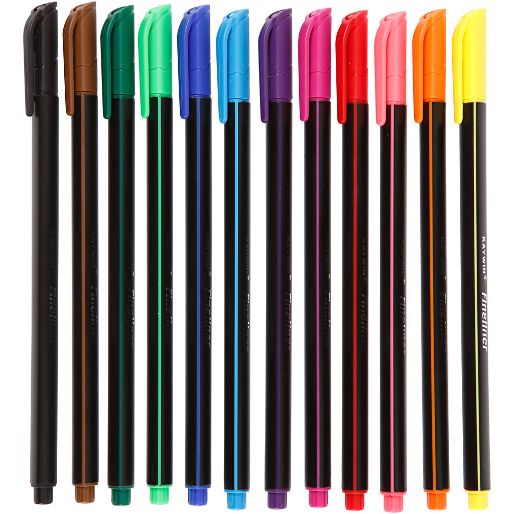 Fineliner Markers Water-Based Ink Assorted Colours - 12 Pack