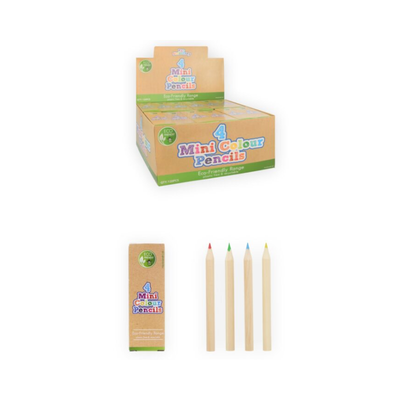 Four mini wooden colour pencils shown with their retail packaging on a plain white background. The set includes three pencils with red, green, and blue tips, alongside a small box and a larger display box labeled '4 Mini Colour Pencils'.