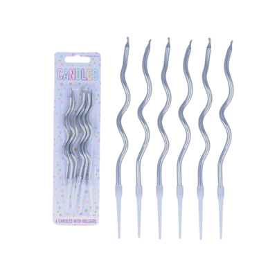 Wholesale 6 Silver Wavy Party Candles With Holders - (Case of 16)