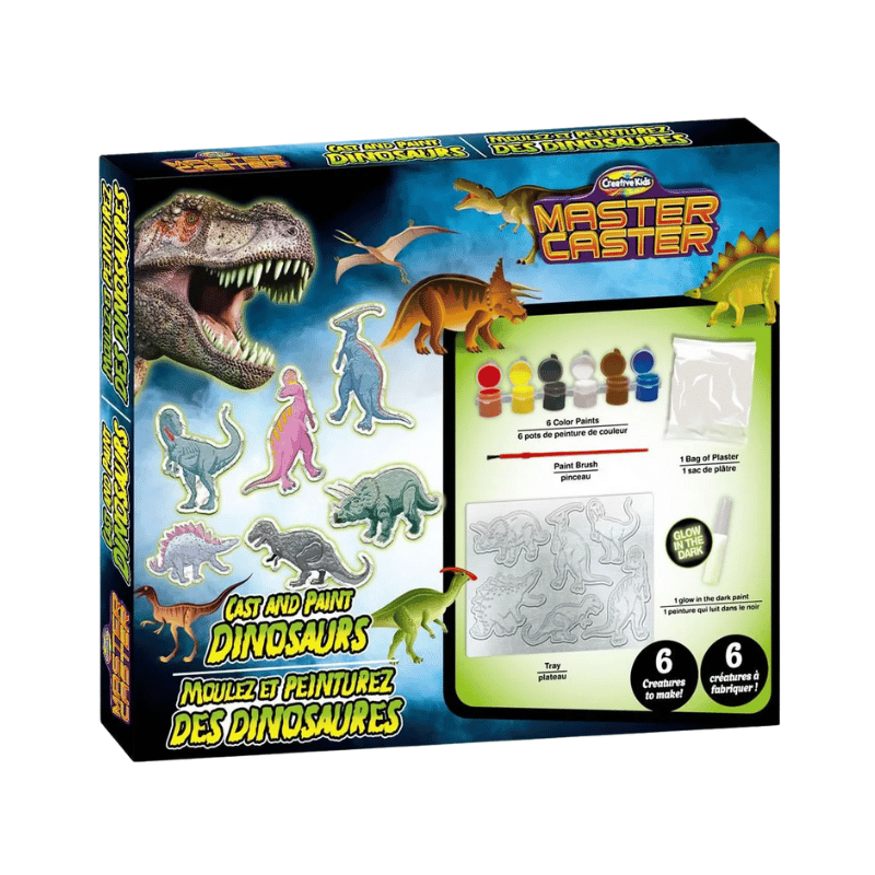 Master Caster dinosaur casting kit packaging with illustrations of dinosaurs and paint colors.