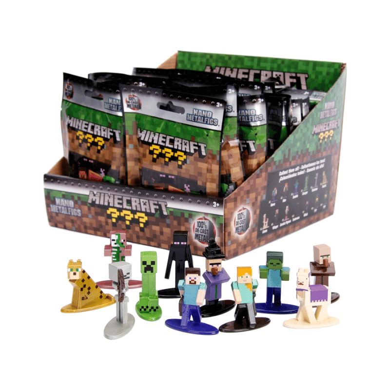 Minecraft toy figures with packaging on a white background