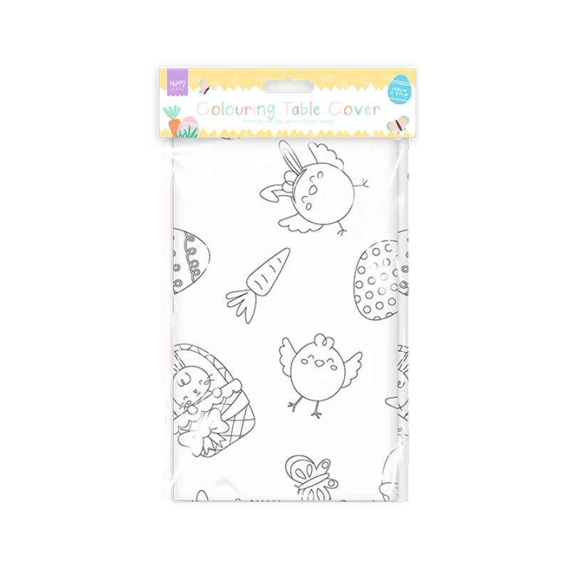 Packaged colouring table cover with Easter-themed designs on a white background