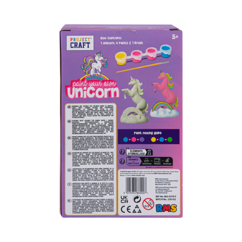 Unicorn craft kit packaging with paint supplies on a white background