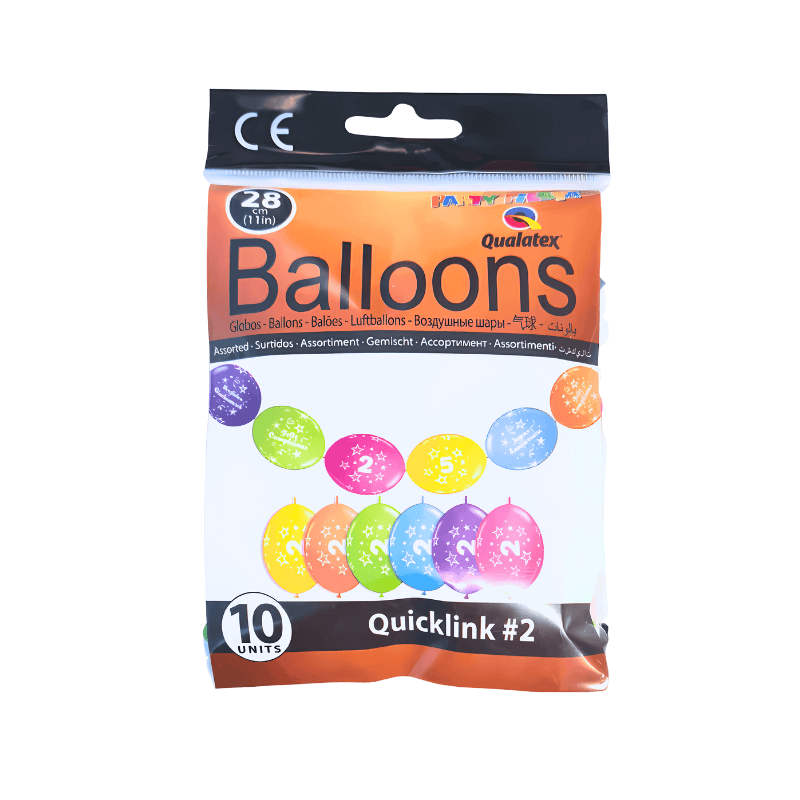 Wholesale 10 Multicoloured Number 2 Quicklink Balloons - (Case of 12)
