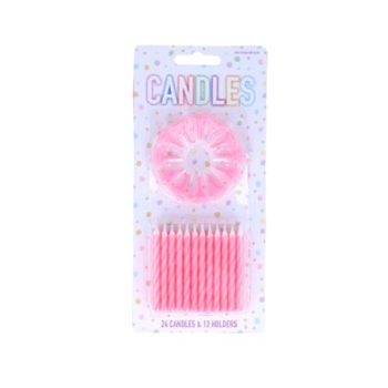 24 Pink Candles With Holders