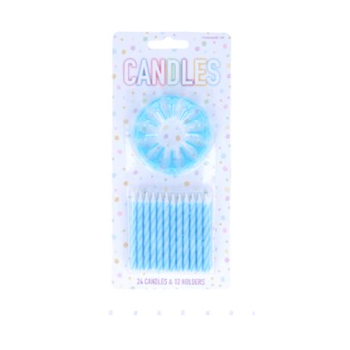 24 Blue Candles With Holders