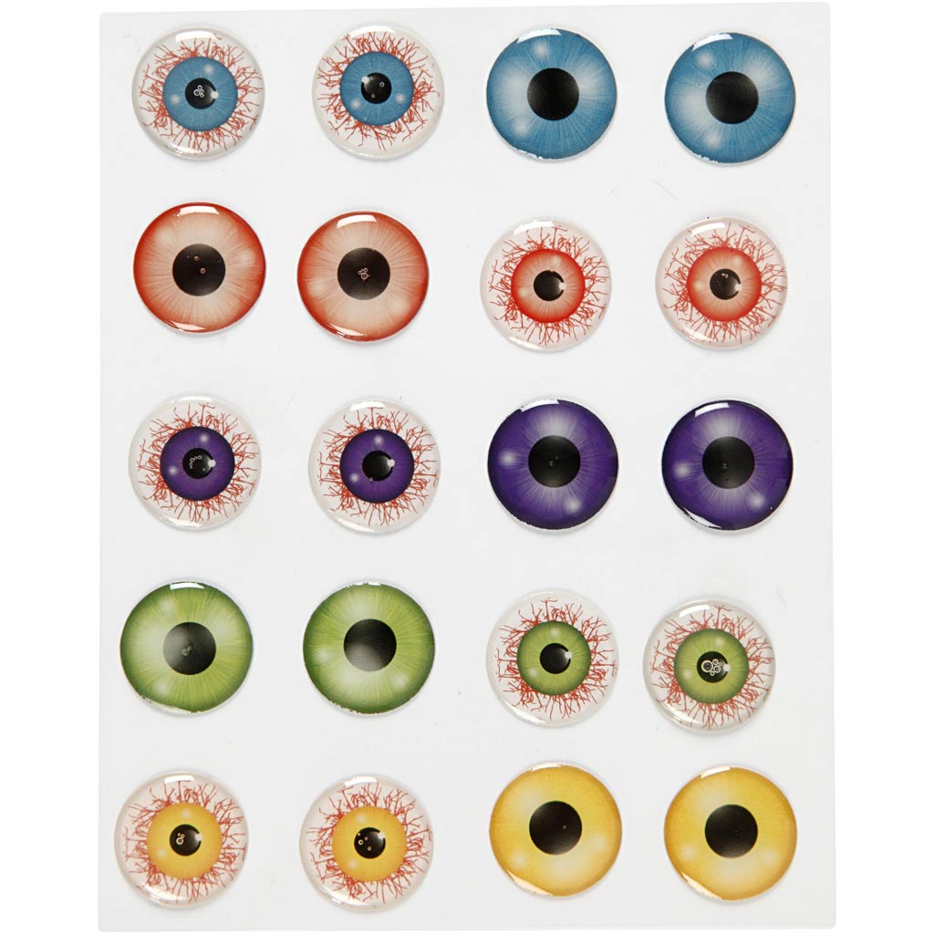 3D Plastic Eye Stickers Glossy Finish Assorted Colours 20mm - 1 Sheet