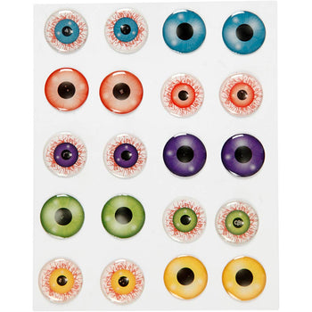 3D Plastic Eye Stickers Glossy Finish Assorted Colours 20mm - 1 Sheet
