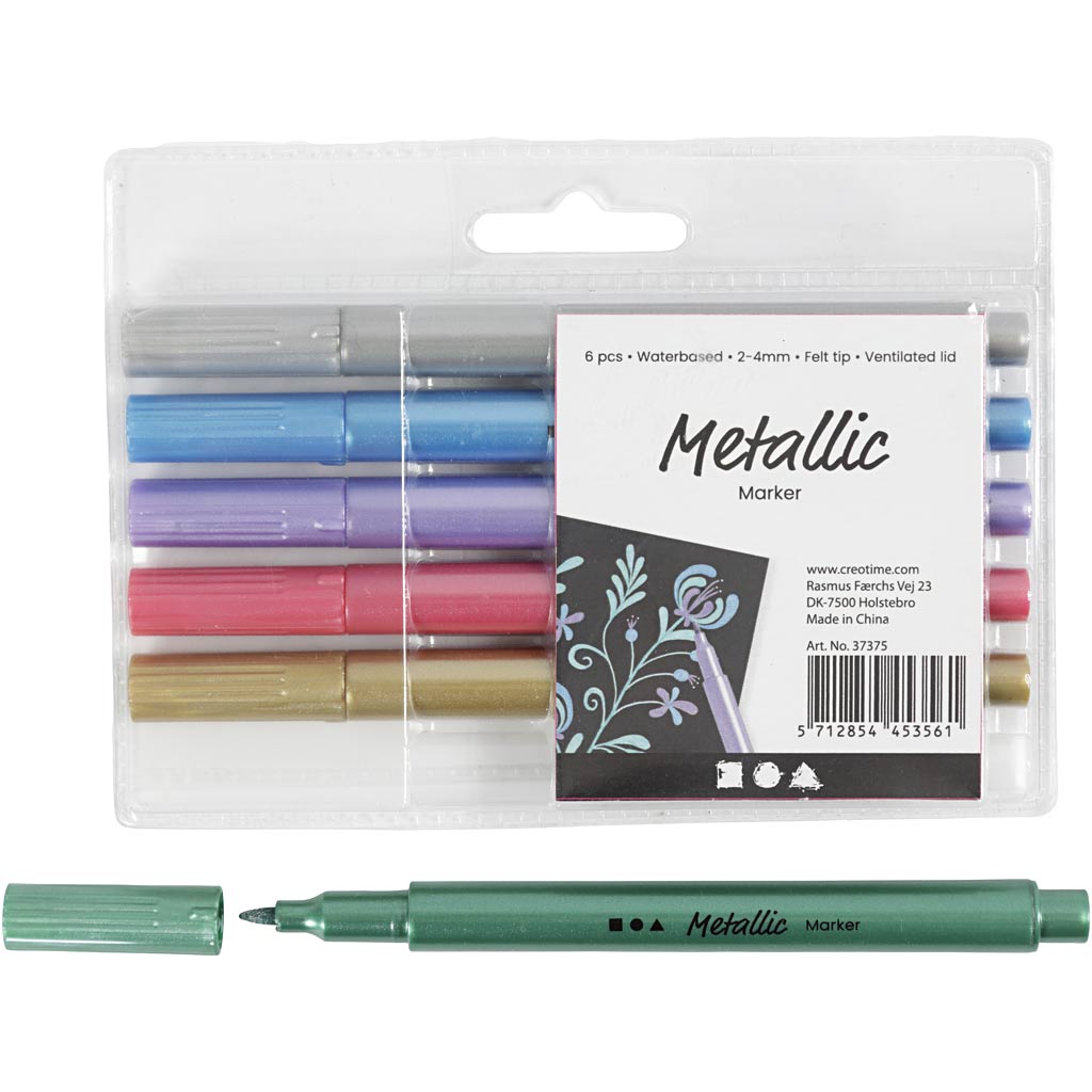 Metallic Marker Assorted Colours Water-Based Ink 6 Pack