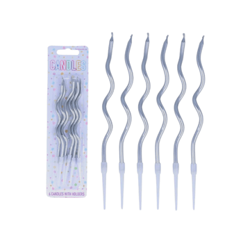 6 Silver Wavy Party Candles With Holders