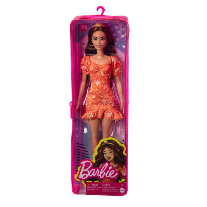 Mattel Barbie Fashionistas Doll with Brunette Hair & Orange Floral Print Dress