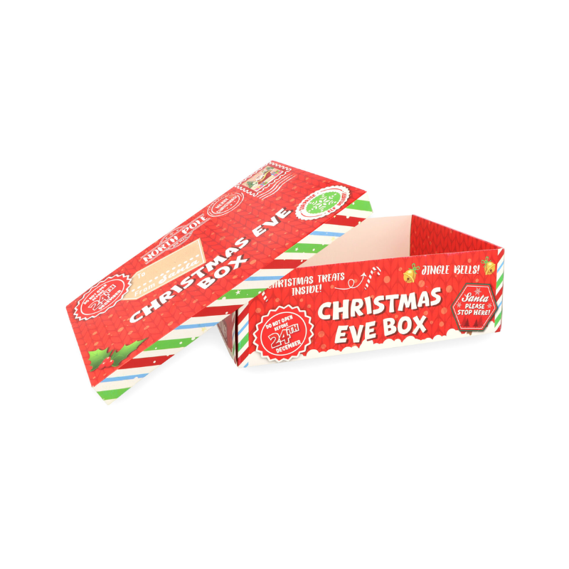 Red Christmas Eve box with festive design on a white background