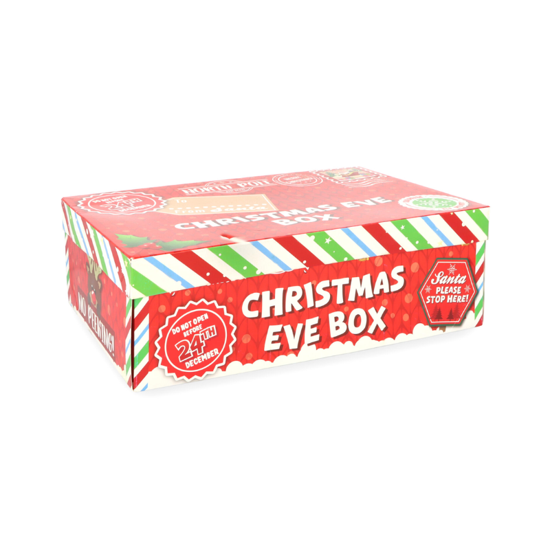Christmas Eve box with colorful striped design on a white background