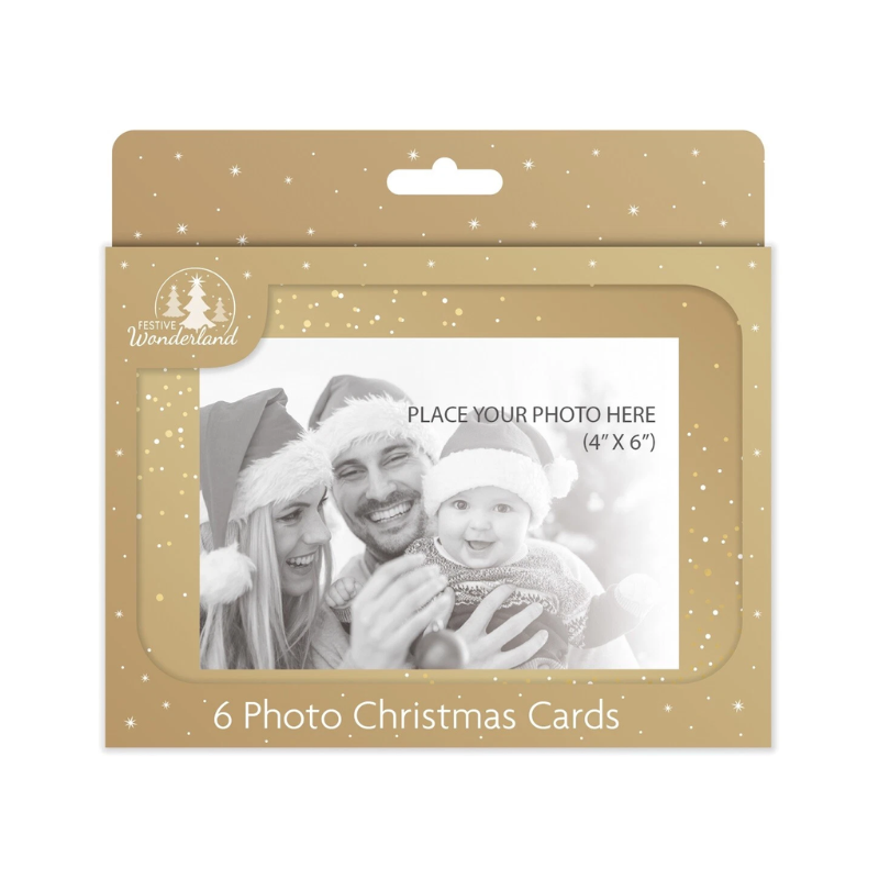 6 Pack of Gold Christmas Cards with Photo Frame.