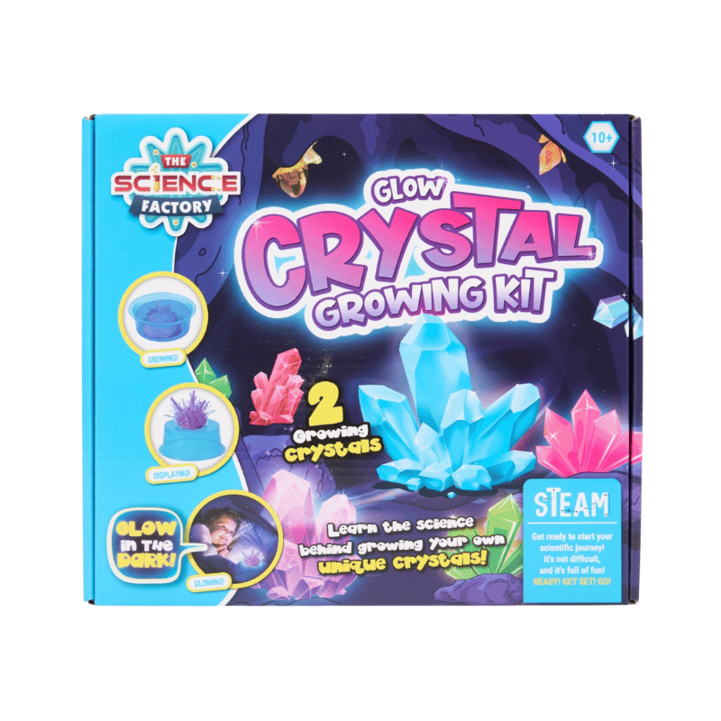 Glow Crystal Growing Kit packaging with colorful crystals and 'The Science Factory' branding.