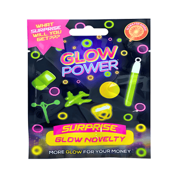Glow power novelty package with colorful text and graphics on a white background
