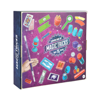 Jumbo box of magic tricks with colorful illustrations on a purple background