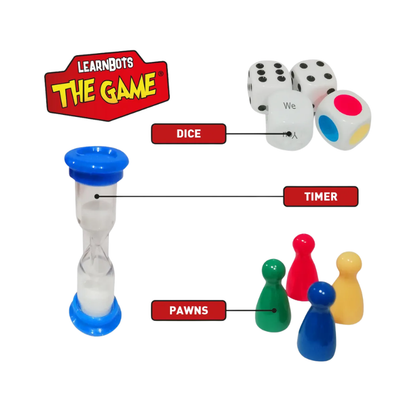 Game components including dice, timer, and pawns with 'LearnBots The Game' branding.