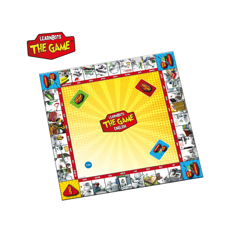 Board game with colorful tiles and 'Learnbots The Game' branding on a white background