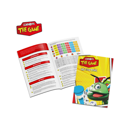 Instruction manual for 'Learnbots The Game' with colorful cover and text.