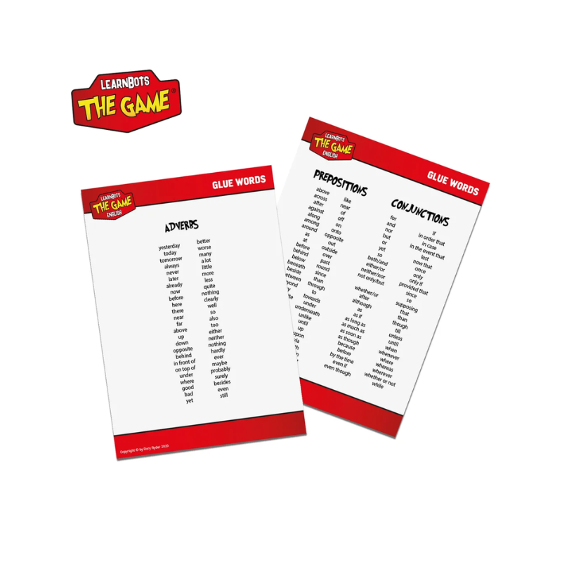 Two sheets of paper with lists of words on a white background, featuring the Learnbots logo.