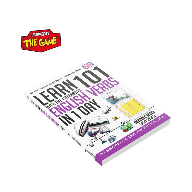 Book titled 'Learn 101 English Verbs in 1 Day' by Learnbots on a white background