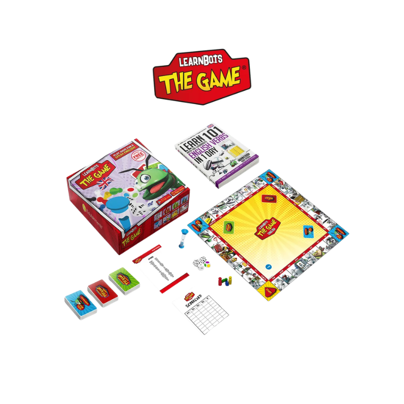 Board game set with 'Learnbots The Game' packaging on a white background