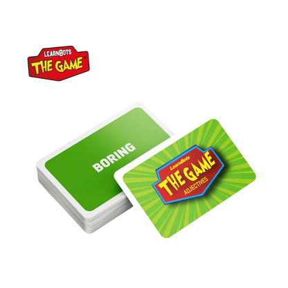 Card game with green cards and colorful branding on a white background