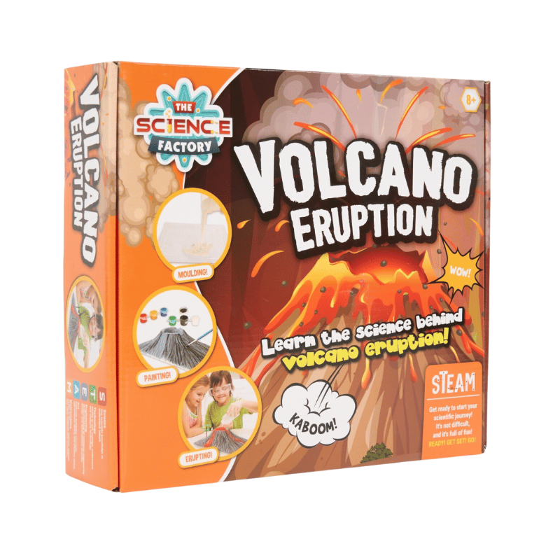 Box of 'Volcano Eruption' science kit from The Science Factory on a white background