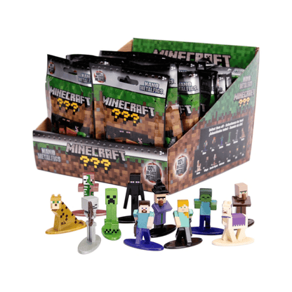 Minecraft toy figures with packaging on a white background