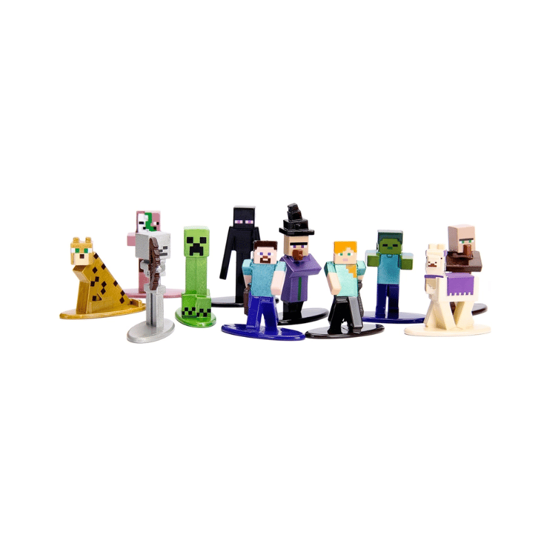 Set of Minecraft-themed figurines on a white background