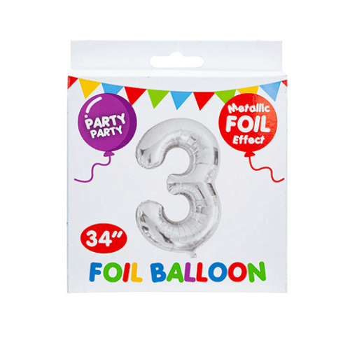 Wholesale 34" Silver Metallic Foil Number 3 Balloon - (Case of 12)