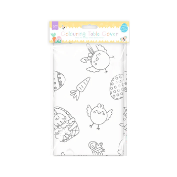 Packaged colouring table cover with Easter-themed designs on a white background