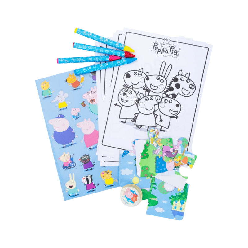 Children's activity set with Peppa Pig coloring pages, stickers, and pencils on a white background.
