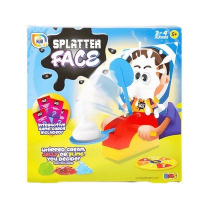Packaging of 'Splatter Face' game with cartoon character and game components.