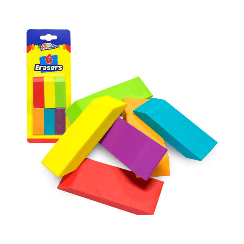 Wholesale Grafix 6 Pack Of Colourful Erasers - (CDU of 12)