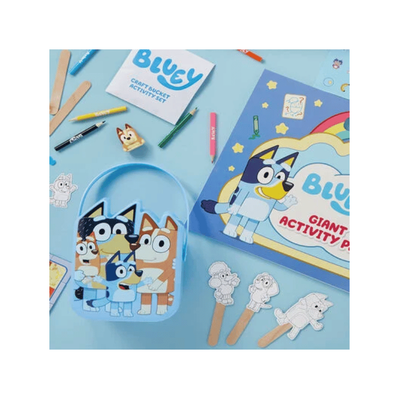 Children's activity set with Bluey character on a blue background